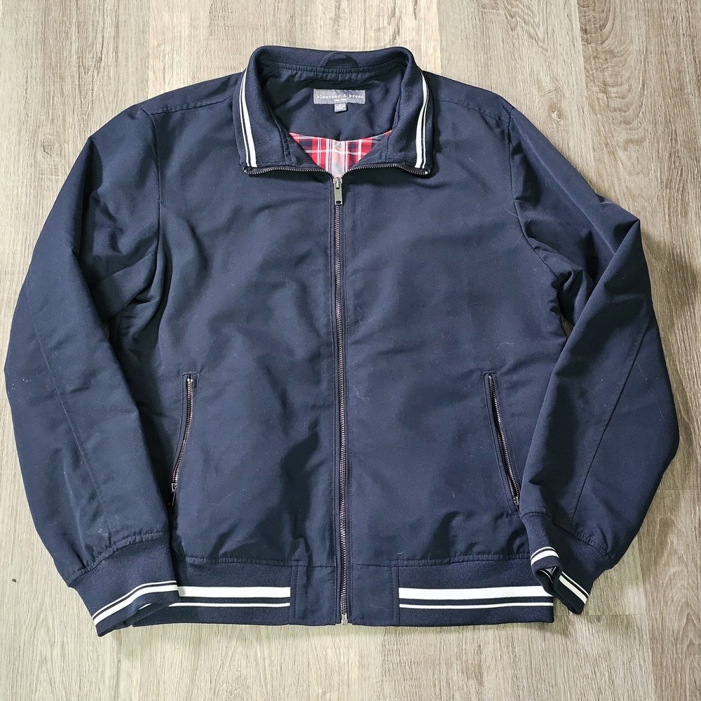 Bleecker & Broad Mens Small Blue Plaid Bomber Jacket Zip Long Sleeve